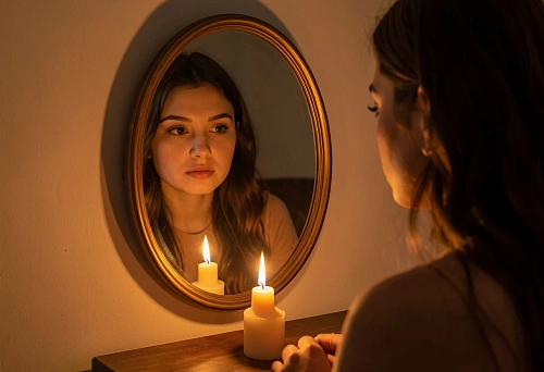 Девушка смотрит в зеркало, рядом горит свеча